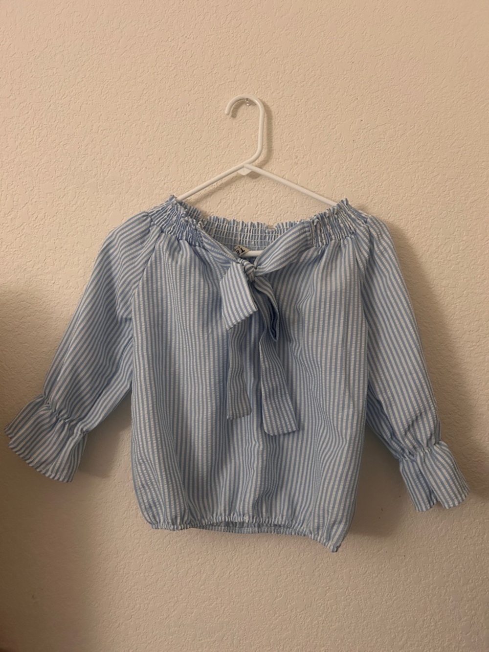 Blue White Striped Off Shoulder Blouse Tie Front Womens Top Size S